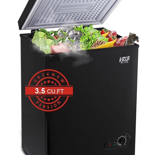 KRIB BLING Chest Freezer 3.5 Cu.Ft Mini 7 Gears Temperature Control Compact Deep Freezer with Top Open Door and Removable Storage Basket Black