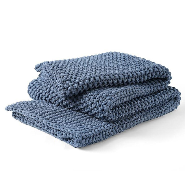 YnM Chunky Cotton Knit Throw Blanket, Cable Knit Throws for Bed Couch Sofa, Comfy & Relaxing, Decorative Piece for Farmhouse Modern Boho Rustic Scandinavian Chic Vibe, Denim Blue 50x60 Inches