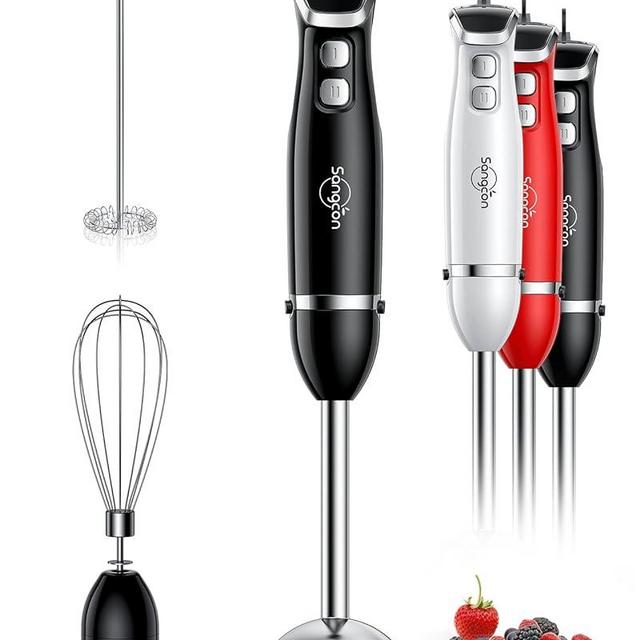 Sangcon Immersion Blender Handheld, 3-in-1 Hand Blender Electric, 400W Handheld Blender, Stainless Steel Blade Stick Blender with Whisk, Milk Frother Attachments - Black