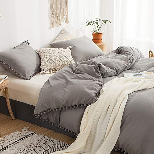 MOVE OVER 3 Pieces Light Grey Bedding Grey Duvet Cover Set Ball Fringe Pattern Design Soft Gray Bedding Sets King 1 Pom Fringe Duvet Cover 2 Pillow Shams (King, Light Grey)