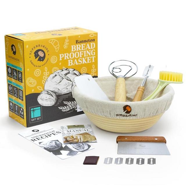 Superbaking Banneton Bread Proofing Basket Gift Set for Bakers, Round 9" Sourdough Starter Kit, Sourdough Bread Baking Supplies, Proofing Basket for Bread Baking, Bread Making Supplies Tools