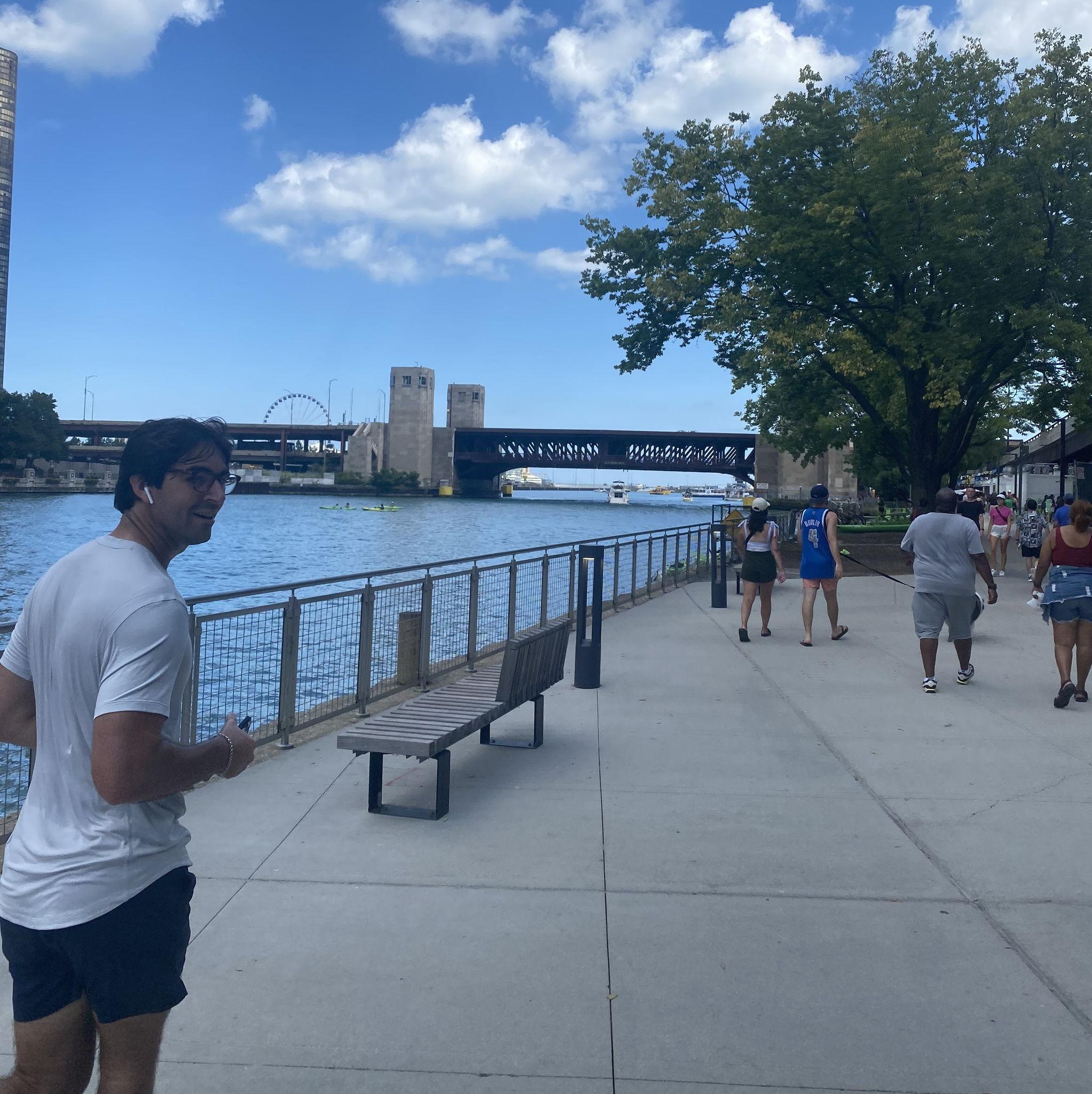 Enjoying a run together on the Chicago Riverwalk.