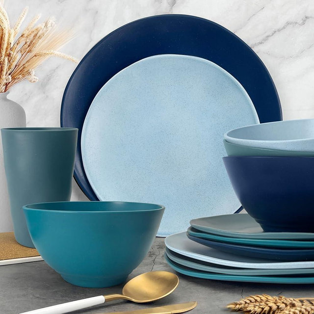 Teivio 32-Piece Kitchen Plastic Wheat Straw Dinnerware Set, Service for 8, Dinner Plates, Dessert Plate, Cereal Bowls, Cups, Unbreakable Plastic Outdoor Camping Dishes, Unique Teal