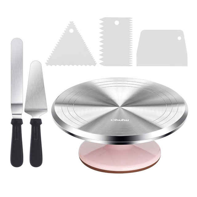 Ohuhu Cake Turntable, Aluminium 12'' Cake Decorating Kit Supplies Rotating Stand Revolving Spinner with 2 Icing Spatula 3 Comb Smoother Perfect Gifts