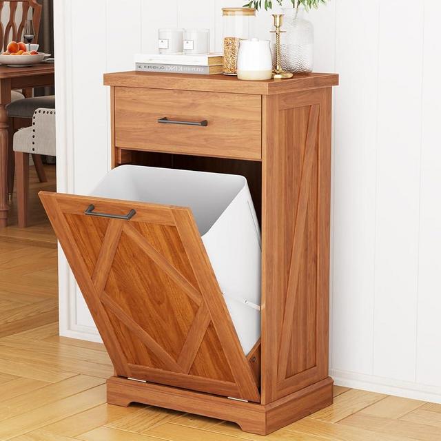 DHH Tilt Out Trash Cabinet 10 Gallon Wooden Free Standing Laundry Sorter Cabinet,Recycling Cabinet with Hideaway Drawer,Freestanding Dog Proof Trash Can for Kitchen Bathroom Bedroom (Walnut)