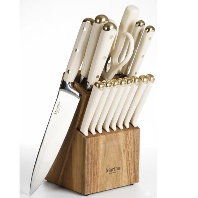 Martha Stewart Knife Block Set 16-Piece - Lockton High Carbon Stainless Steel Forged Full Tang Chef Knives, Acacia Wood Block, Triple Riveted Handles, Linen White & Gold
