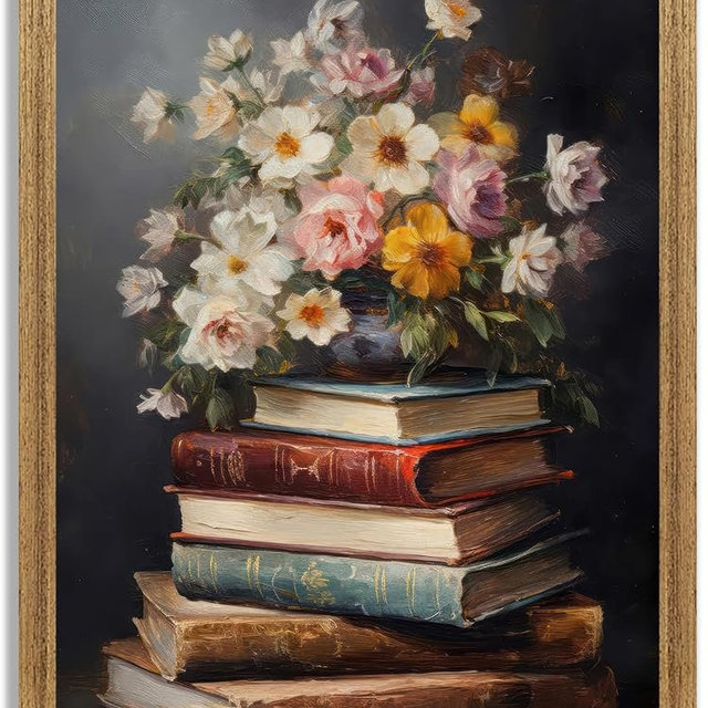 Krtoni Framed Farmhouse Vintage Canvas Wall Art, Country Spring Wildflowers Artwork Wall Decor, Dark Academia Flower Books Theme Poster Print for Living Room Bedroom Bathroom Study 16''L x 12''W