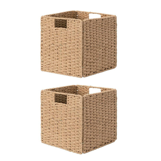 StorageWorks 11 inch Wicker Baskets, Handwoven Storage Cubes with Handles, Foldable Paper Rope Basket for Organizing, Natural, 2 Pack