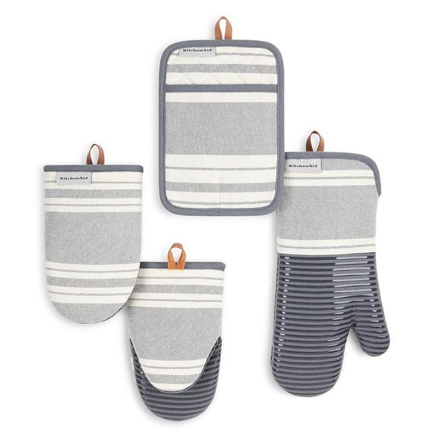 KITCHENAID Vintage Stripe Oven Mitt, Mini Oven Mitt & Pot Holder 4-Pack, 100% Cotton, Heat Resistant, Charcoal Grey/Ivory, 7"x14", 5.5"x9" & 7"x10"