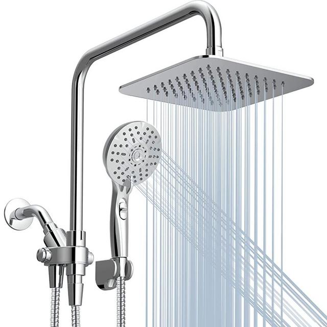 Ryamen Dual Shower Head Combo, 8'' High Pressure Rain/Rainfall Shower Head,5 Settings Adjustable Handheld Showers,with 15" Height Adjustable Slide Bar,Holder/Hose, Angle Adjustable, Chrome