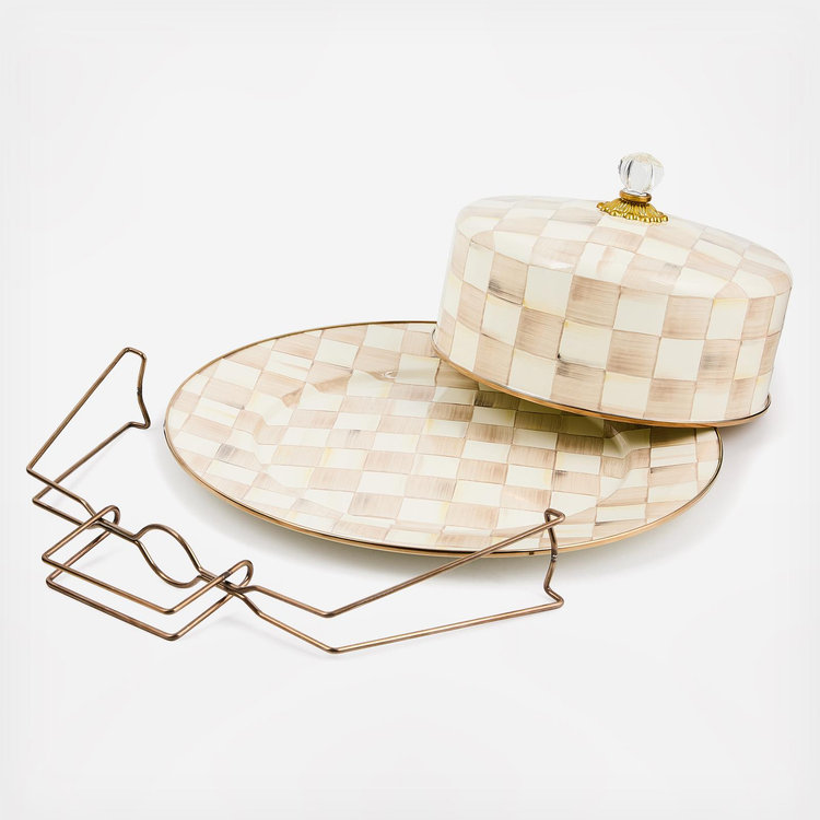 MacKenzie-Childs, Mocha Check Stainless Steel Cake Carrier | Zola