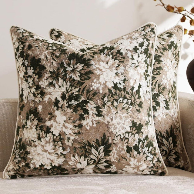DEZENE Pack of 2 Vintage Floral Throw Pillow Covers 20x20 Boho Farmhouse Accents Chenille Square Decorative Pillow Cases for Living Room Couch Bed Home Decor, Green and Taupe