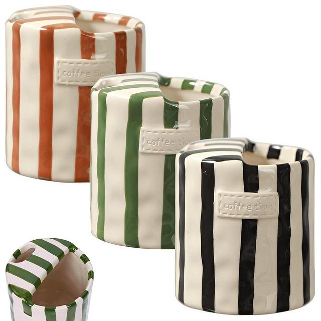 YELITAU 3 Pack Retro Striped Ceramic Coffee Mug 10oz Espresso Mugs Art Hand-Painted Double-Enjoy Cup for Milk Coffee Juice Latte Hot Cold Drinks, Black+Green+Brown