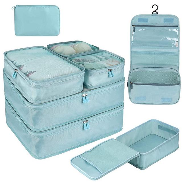 DIMJ Packing Cubes for Travel, 8 Pcs Travel Cubes for Suitcase Lightweight Travel Essential Bag with Large Toiletries Bag for Clothes Shoes Cosmetics Toiletries (Blue)