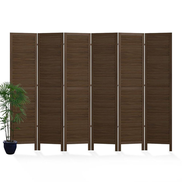 Room Partitions and Dividers, Temporary Wall with Double Hinges, 5.6 Ft Tall Folding Louver Wood Screen for Home Office Bedroom Hotel Decoration (6 Panels, Brown)
