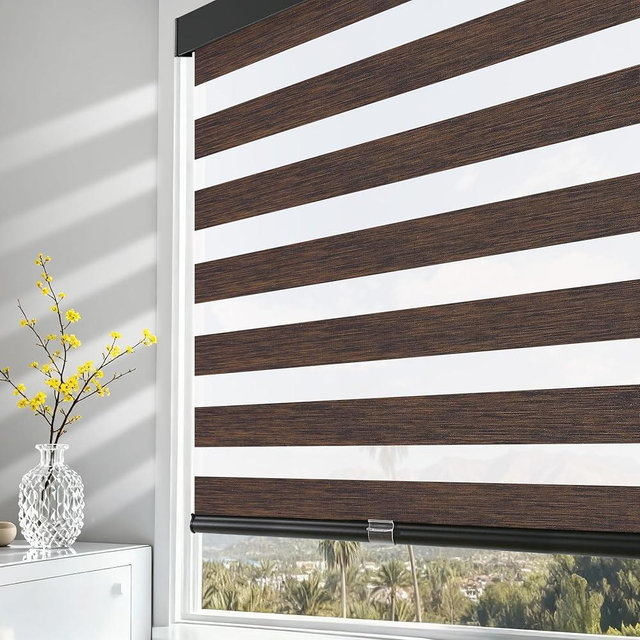 AOSKY Cordless Zebra Blinds for Windows Pull Down Roller Window Shades Dual Layer Light Filtering Privacy for Day and Night, Free-Stop Door Shades for Home Easy to Install Brown 42" W X 72" H
