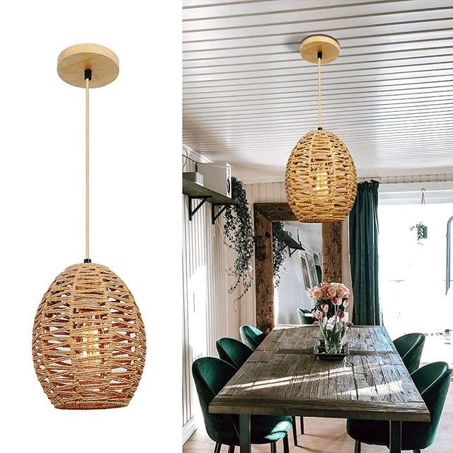 FRIDEKO HOME Pendant Lights Kitchen Island - Rattan Hanging Lamp Woven Pendant Lights Adjustable Boho Chandelier Hanging Light Basket Light Fixture for Farmhouse Bedroom Living Room