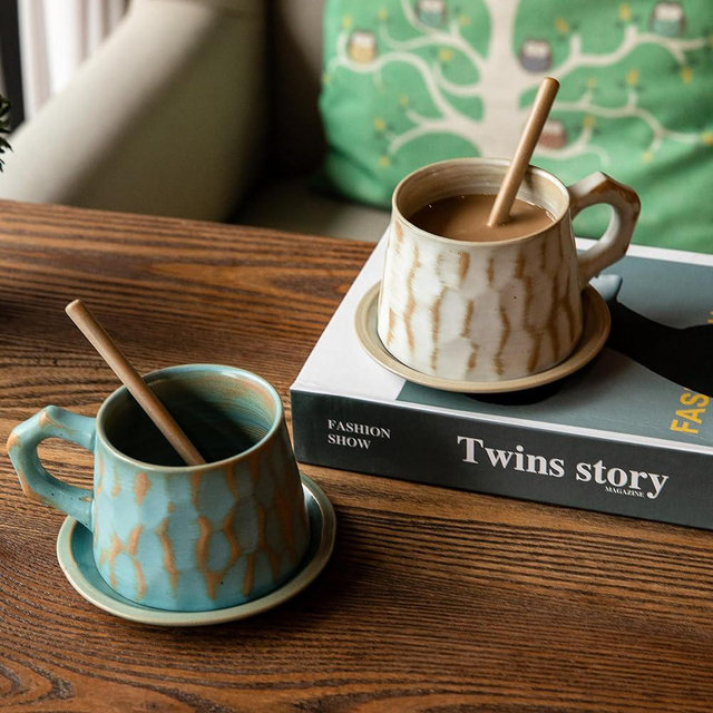 Steviieden Rustic Coffee Mugs Set, 10 oz Ceramic Mug Set of 2 with Saucers Spoons Hobo Cups Mugs Set for Office Home Farmhouse Gifts for Couples Grandparents Mother's Day