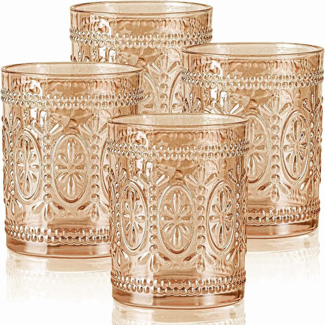 abrwyy Amber Glassware set of 4, Vintage Drinking Glasses, 10oz Heavy Duty Glass Cups, Colored Glassware Set, Embossed Glasses Set for Party Wedding Home Office Gift