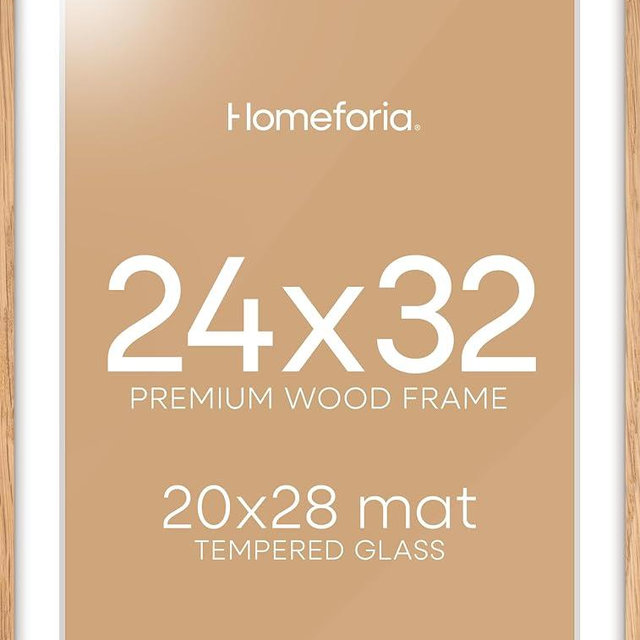 Homeforia 32x24 Poster Frame Wood, High End Natural Oak 24x32 Large Picture Frame with Mat 20x28, 24 x 32 Light Wooden Frame Matted to 20 by 28 Photo, 24by32 Frames, Tempered Glass, Wall Kit, Set of 1