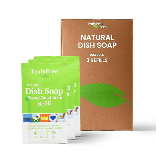 Truly Free Natural Concentrated Dish Detergent Dishwashing Liquid | Plant-Based Dish Soap | Sweet Basil Fresh Scent | Pack of 3