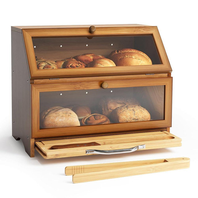 MAISONPEX Double Layer Bamboo Bread Box for Kitchen Countertop, Large Capacity, Cutting Board, Stainless Steel Bread Knife, Double Layer Storage Container with Clear Windows, Walnut