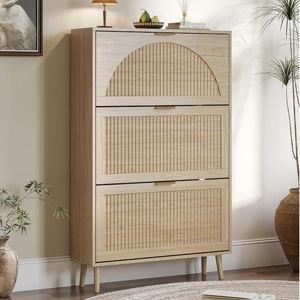 Shoe Cabinet for Entryway with 3 Flip Drawers, Slim Wooden Shoe Storage Organizer with Modern Fluted Pannel，Freestanding Narrow Hidden Shoe Rack for Hallway, Foyer, Living Room