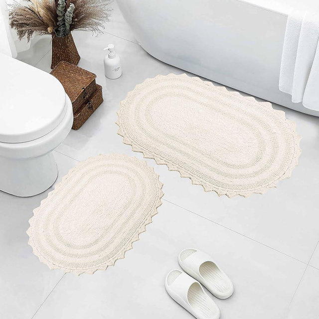 Royal Blaze Bath Mat Ivory Reversible Cotton Bath Rug Set of 2, Washable Bathroom Rug Oval (21"x34"/18"X26")