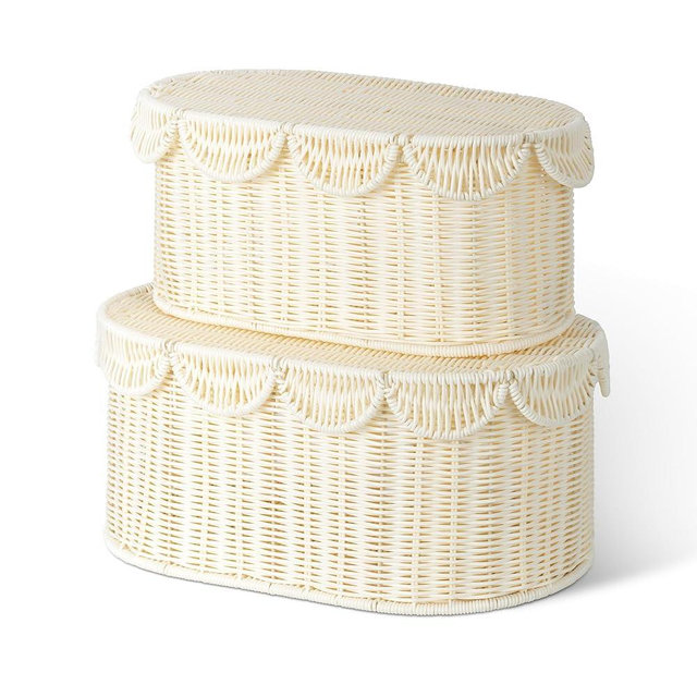 GRANNY SAYS Wicker Storage Basket with Lids, Woven Scalloped Baskets for Organizing, Decorative Box with Scalloped Edge, Handwoven Wicker Box for Shelves, Nursery, Bathroom, Living Room