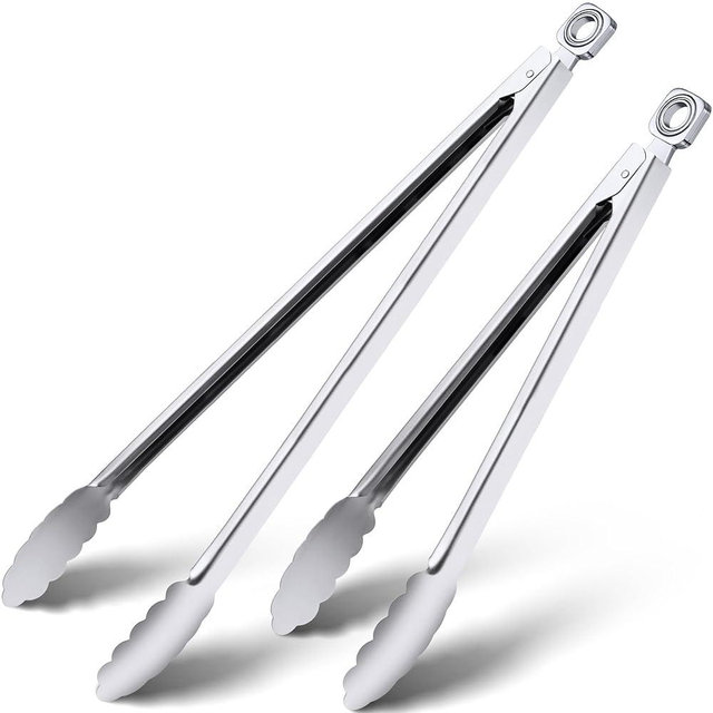 Grill Tongs - 12 Inch & 17 Inch Extra Long BBQ Tongs, Heat Resistant Stainless Steel Kitchen Tong, Heavy Duty Metal Locking Tong for Cooking, Grilling, BBQ/Barbecue, Food (All Metal - 12"+17")