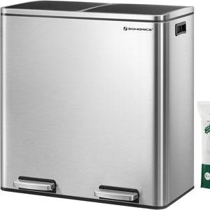 SONGMICS Trash Can, 2 x 8 Gallon (2 x 30 L) Garbage Can for Kitchen, with 15 Trash Bags, 2 Compartments, Plastic Inner Buckets and Hinged Lids, Airtight, Silver and Black ULTB60NL