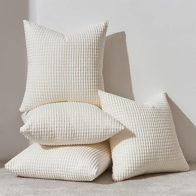 Topfinel Cream White Decorative Throw Pillow Covers 18x18 Inch Set of 4 for Living Room Couch Bed Sofa, Boho Natural Farmhouse Home Decor, Soft Plush Corduroy Cute Square Beige Cushion Case 45x45 cm