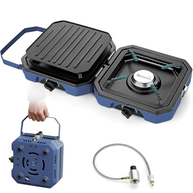 Gonex Camping Stove with 2 Burner Griddle & Grates, Portable Foldable Cooking Stove with Total 16,000 BTU, Two Piezo Ignition Adjustable Burners for Camping (Blue)
