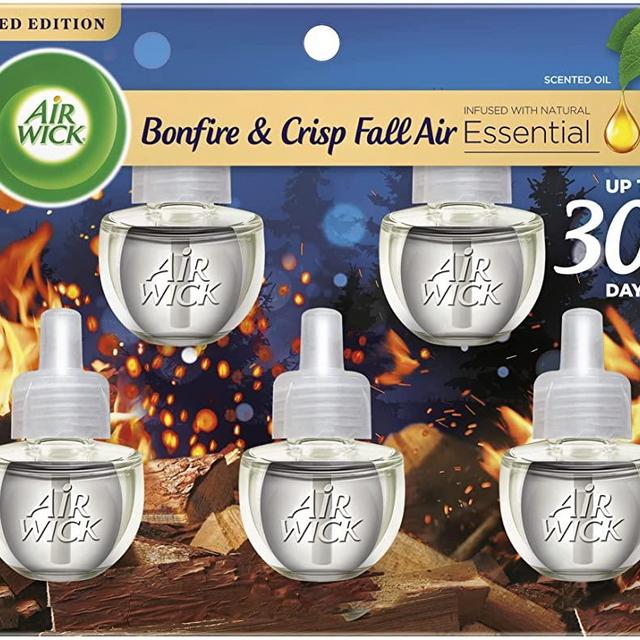 Air Wick Plug in Scented Oil 5 Refills, Bonfire and Crisp Fall Air, Essential Oils, Air Freshener Fall Scent, Fall décor