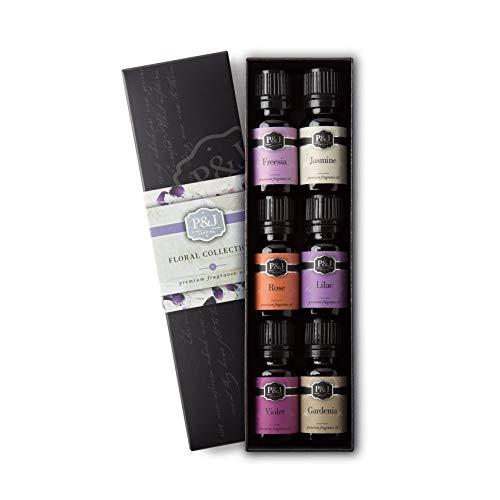 P&J Trading Floral Set of 6 Premium Grade Fragrance Oils - Violet, Jasmine, Rose, Lilac, Freesia, Gardenia - 10ml