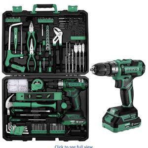 DEKO 20V Power Drill Tool Box with Battery Electric Drill Driver for Men Home Hand Repair Basic Toolbox Tools Set, 186 Pieces (Green)