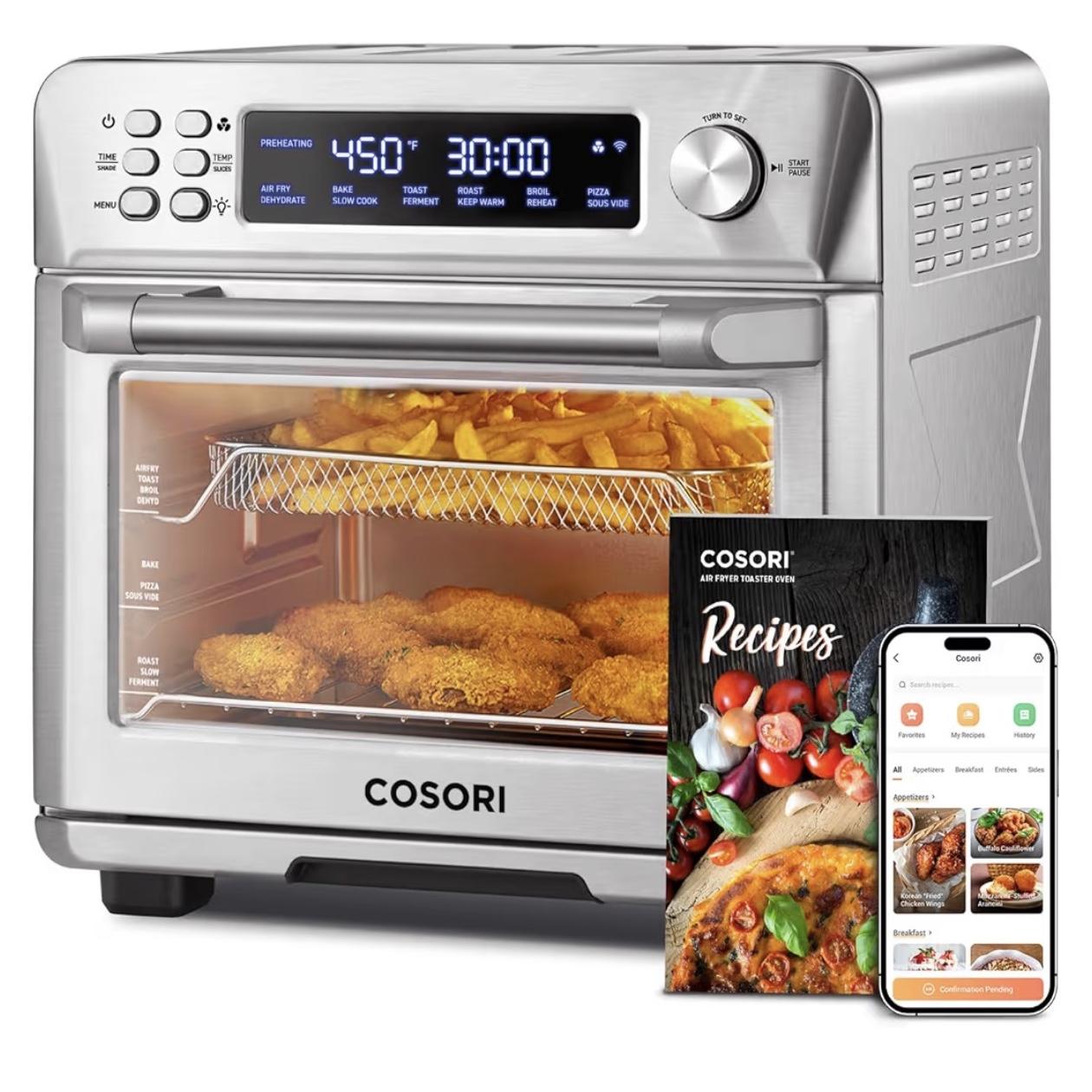 COSORI Smart 12-in-1 Air Fryer Toaster Oven Combo, Airfryer Convection Oven Countertop, Bake, Roast, Reheat, Broiler, Dehydrate, 75 Recipes & 3 Accessories, 26QT, Silver-Stainless Steel