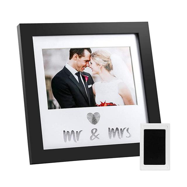 Jinchuan Heart Thumbprint Keepsake Frame and Ink Kit,Wedding Picture Frame Wedding Registry Idea Shower Gift for Bride Newlywed (Black Frame, Silver Text)