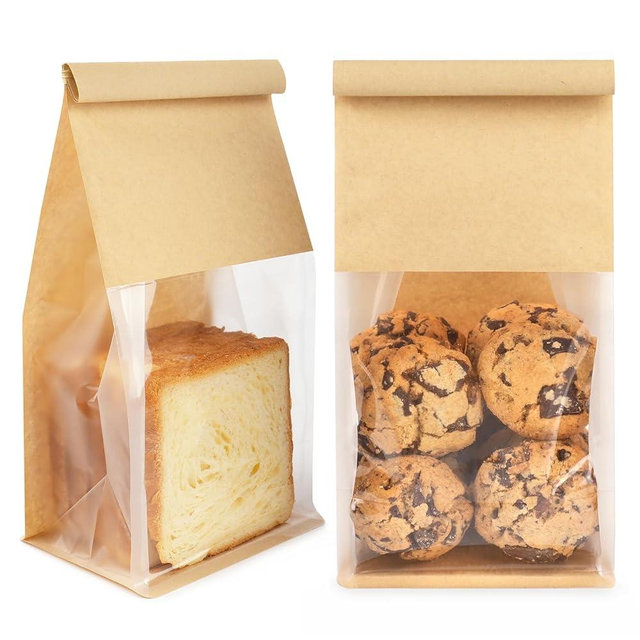 Foranda 50 Pack Bakery Bags with Window, 5.1x3.9x11 Inches Tin Tie Tab Lock Resealable Cookie Bags for Packaging Bagels, Bread Loaf, Pastry, Baked Goods | Thick Material, Grease Resistant, Self Standing