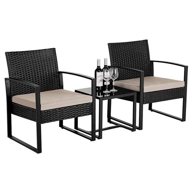 YAHEETECH 3 Pieces Patio Furniture Sets Indoor Outdoor Wicker Modern Bistro Set Rattan Chair Conversation Sets Beige Cushion with Coffee Table