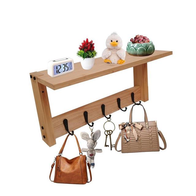 Wall Shelf with Hooks, Multi-Purpose Wooden Shelf & Metal Hooks for Home Entryway, Living Room, Bedroom, Office - Heavy Duty Coat Rack Organizer Hanging Coats, Bags, Keys, Holds Plants, Books, Clock
