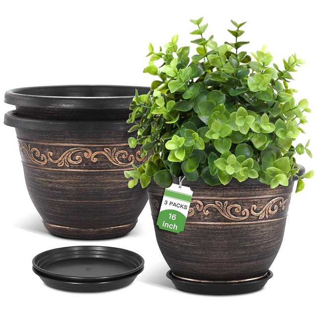 Plastic-Plant-Flower-Planters-16 Inch with Drainage Hole & Saucer, 3 Packs Lightweight Small Resin Flower Pot Indoor Outdoor, Retro Antique Imitation Decorative Garden Containers Sets for Houseplants