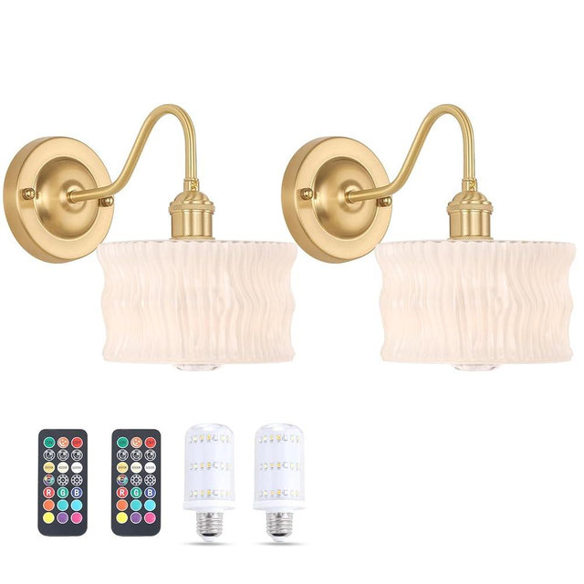 Shenmoyl Battery Operated Wall Sconce Set of 2, Vintage Rechargeable Wall Lights with White Ripple Glass Shade, Wireless Indoor Wall Lamp for Bedroom Living Room Bathroom
