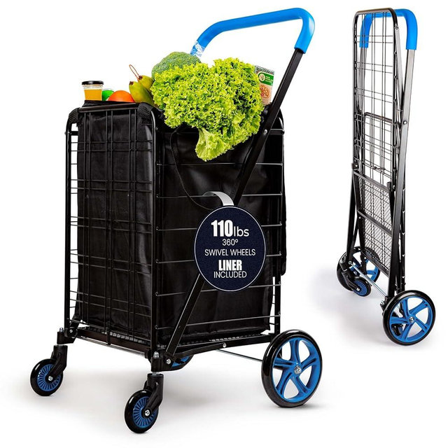 SereneLife Large Folding Utility Shopping Cart with Removable Liner – Heavy Duty, 360° Swivel Wheels, 110 lb Capacity, Portable for Groceries, Laundry, Luggage, and More (Blue)
