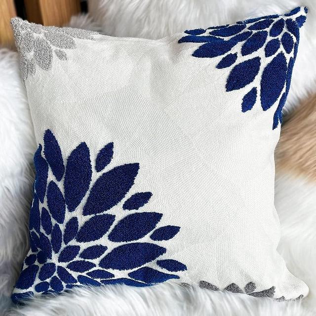 ORTIGIA Blue Boho Textured 18x18 Pillow Cover Dahlia Geometric Flower Modern Sofa Pillow Case Luxury Hand Embroidery Throw Pillow Cover for Counch,Sofa,Cushion Case Home Decoration