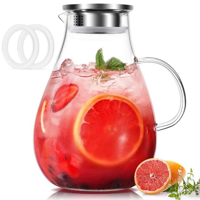 LUNA & MANTHA Glass Pitcher, 86oz Glass Water Pitcher with Lid, Large Hot/Cold Water Jug, Borosilicate Drink Pitcher for Iced Tea, Sangria and Coffee Beverage Carafe with 2 Silicone Rings
