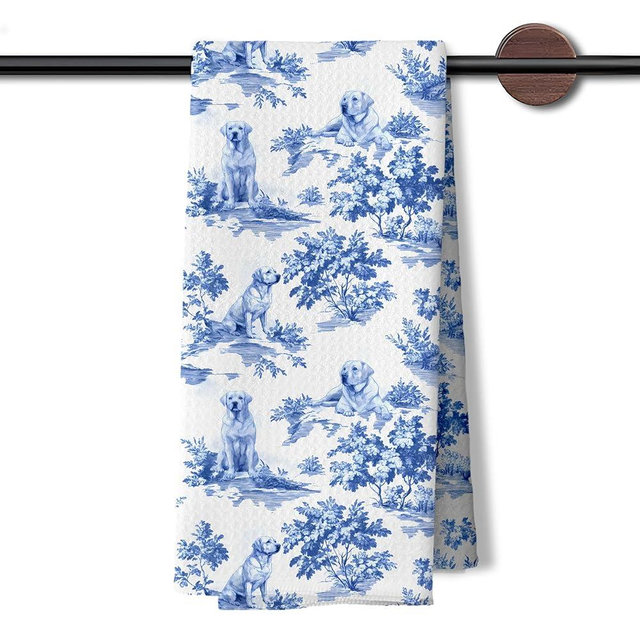 DAYOUER Chinoiserie Labrador Retriever Kitchen Dish Towels, Yellow Labrador Retriever Gifts, Grandmillennial Blue and White Toile Lab Dog Decorative Hand Tea Towels for Bathroom Kitchen, 16x24 Inches