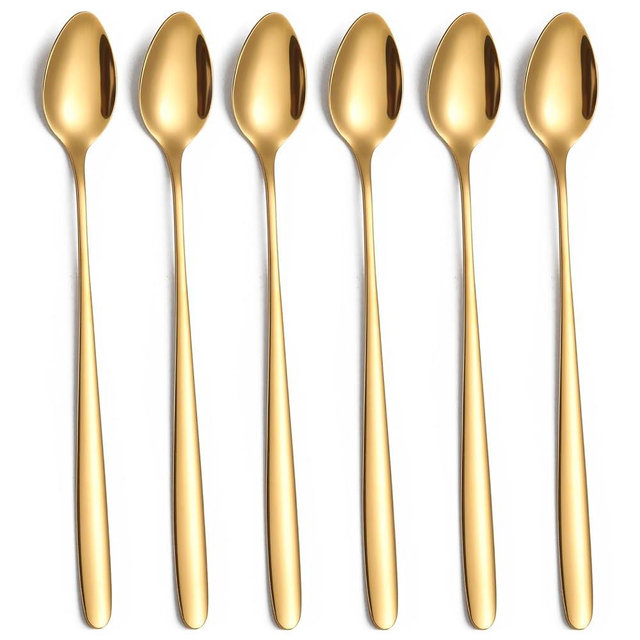 tiokin Long Handle Iced Tea Spoon,7.8-Inch Gold Coffee Spoon,Ice Cream Spoon, Stainless Steel TeaSpoons,Cocktail Stirring Spoon,Set of 6