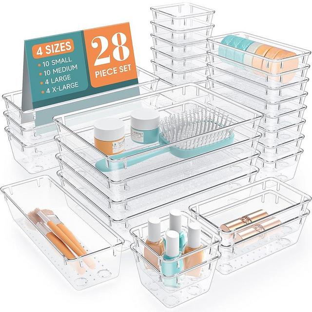 StorMiracle 28 PCS Clear Plastic Drawer Organizers Set, 4 Size Desk Drawer Organizer Trays for Makeup, Jewelry, Kitchen Utensils, Gadgets and Office Accessories