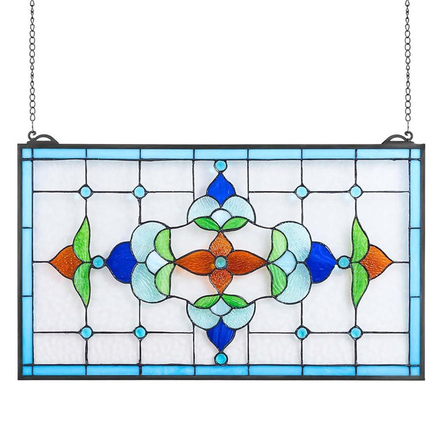VEVOR Stained Glass Window Panel, 26 x 16 in, Tiffany Style Hanging Transom Window Panel with Chain, Large Horizontal Rectangle Stain Glass, Vintage Traditional Art Handcrafts for Kitchen Home Decor